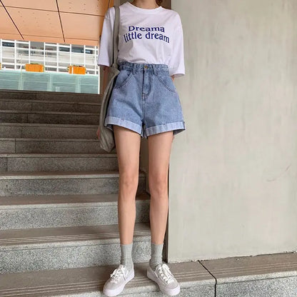 Women's Denim Shorts Wide With Belt High Waist Female Short Jeans Pants Trend 2025 New In Offer Aesthetic Hot Elasticty Outfits