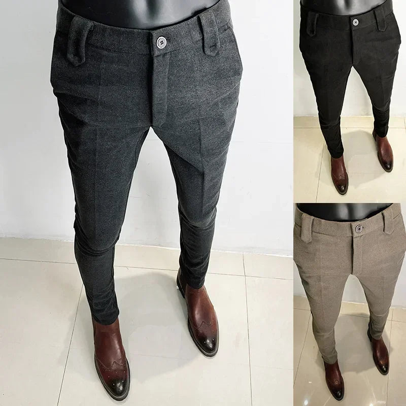 2025 Winter Men Suit Pants Woolen Thicken Keep Warm Formal Trousers Pantalones Hombre Solid Casual Slim Fit Pants Men Clothing