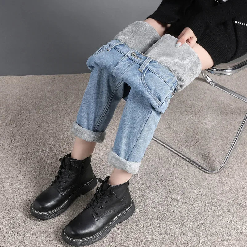 Winter Warm Slim Jeans Ladies Casual Denim Pencil Pants Thick Velvet Women Jeans High Waist Skinny Straight Jeans Fleece