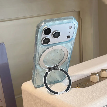 Luxury Polka Dot Ring Stand Holographic Phone Case For iPhone 15 16 17 Pro Max Shockproof Protective Cover