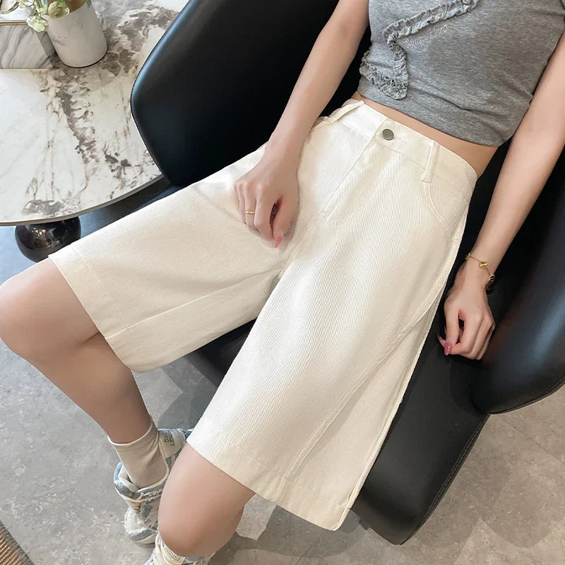 Women's 2026 Summer White Five-Point Denim Shorts Korean Y2K High Waist Loose Slimming Stretch Straight Leg Jeans