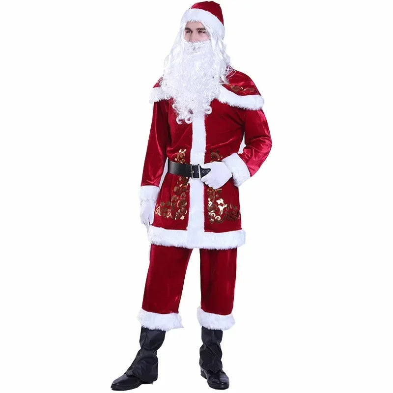New Red Deluxe Velvet Fancy Dress Up Party Man Stage Costume Xmas Santa Claus Suit Adult Oversize Christmas Cosplay Costume