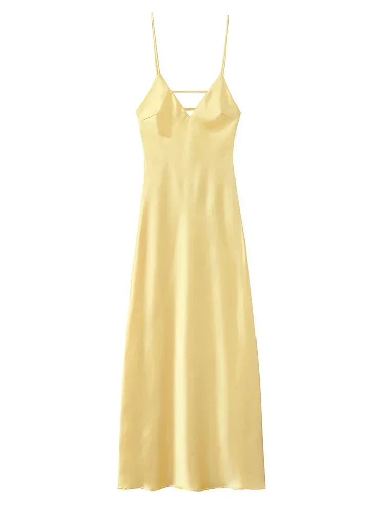 Yellow Satin Sling Dress Women Elegant V Neck Sleeveless Backless High Waist Maxi Dresses 2025 Summer Lady Party Evening Robes