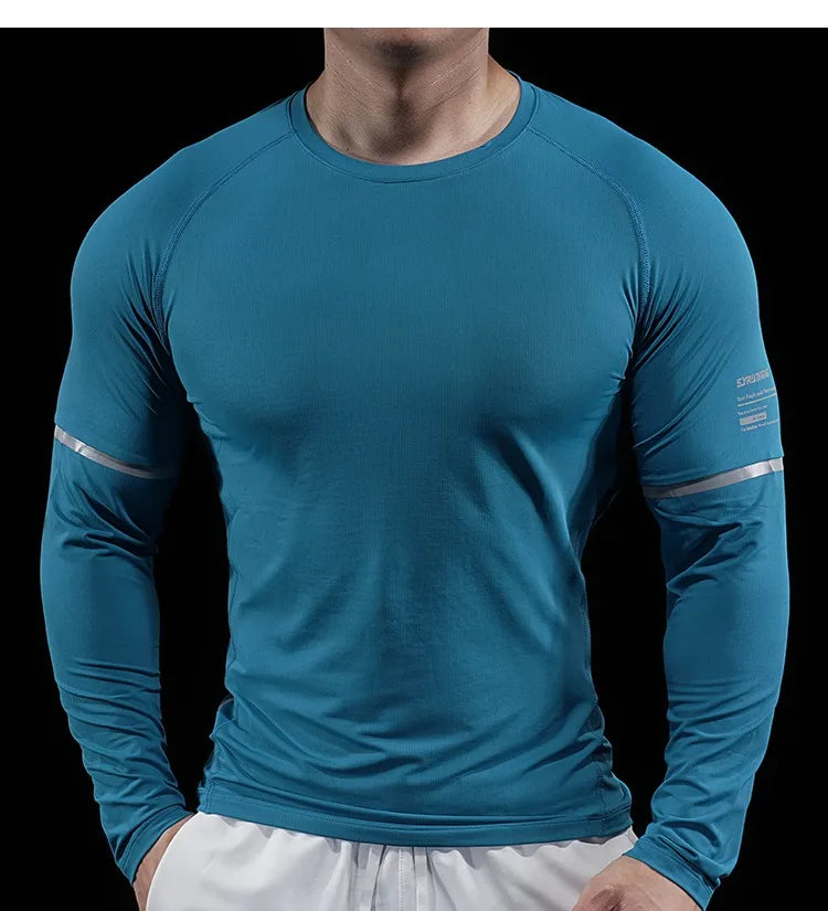 Autumn New Men's Sports Gym Fitness Clothes Reflective Strips Round Neck Training Long-sleeved T-shirt Running Slim Breathable