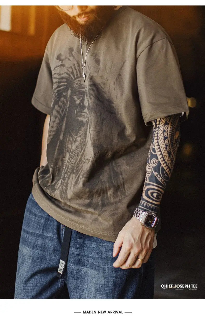 Vintage Navajo Print Short Sleeve T-Shirt Men's Summer Heavyweight Cotton Tee Letter Embroidered Loose Fit Crew Neck Tops