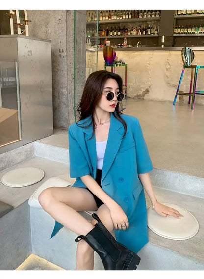 Korean Fashion Loose Thin Blazer Women Spring Autumn New Extra Large Mid Length Short Sleeved Women Coat Casual Outwear