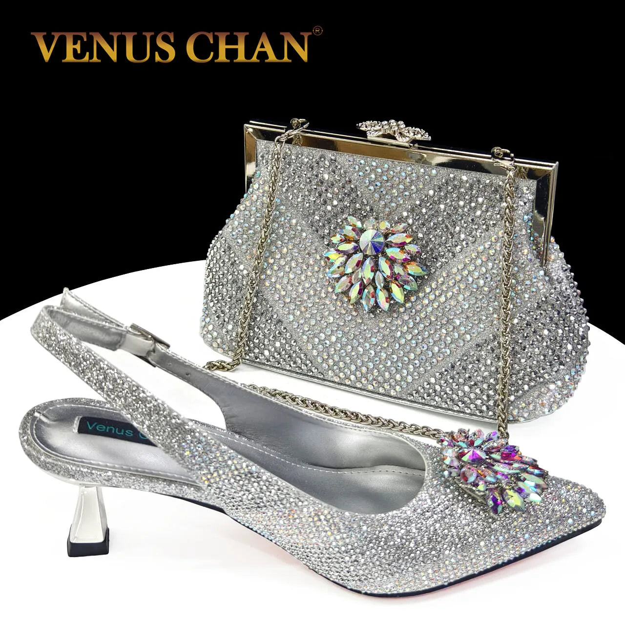 Italian Shoes and Bags Matching Set 2024 Silver Color Rhinestone Fashion High Heels for Women Pointed Toe Pumps