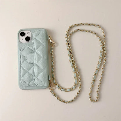 Crossbody Lanyard Wallet Phone Case For iPhone 15 14 13 16 Pro Max Card Holder Necklace Chain Luxury  Leather ( NO LOGO)