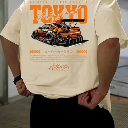 Men's Summer 100% Cotton Fashionable Casual Loose Large Size Japanese Tokyo Pattern Printed Round Neck Short Sleeve T-shirt Top