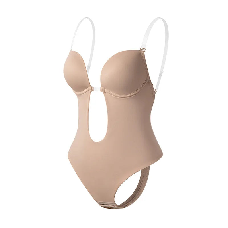 One-Piece Deep V-Neck Push Up Body Shapewear Bodysuit Women's Thong Bottom Underwear Slimming U-Shaped Low Back Backless Corset