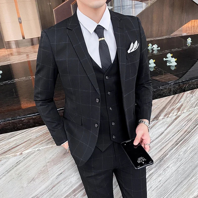Blue Men Classic Striped/Checked Suits, Asian Size Slim Fit Business Office 3-Piece Sets, Black/Gray and Red Available.
