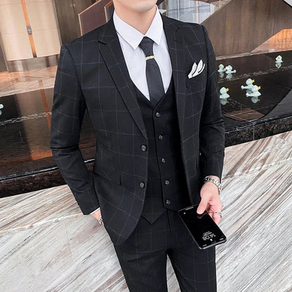 Blue Men Classic Striped/Checked Suits, Asian Size Slim Fit Business Office 3-Piece Sets, Black/Gray and Red Available.
