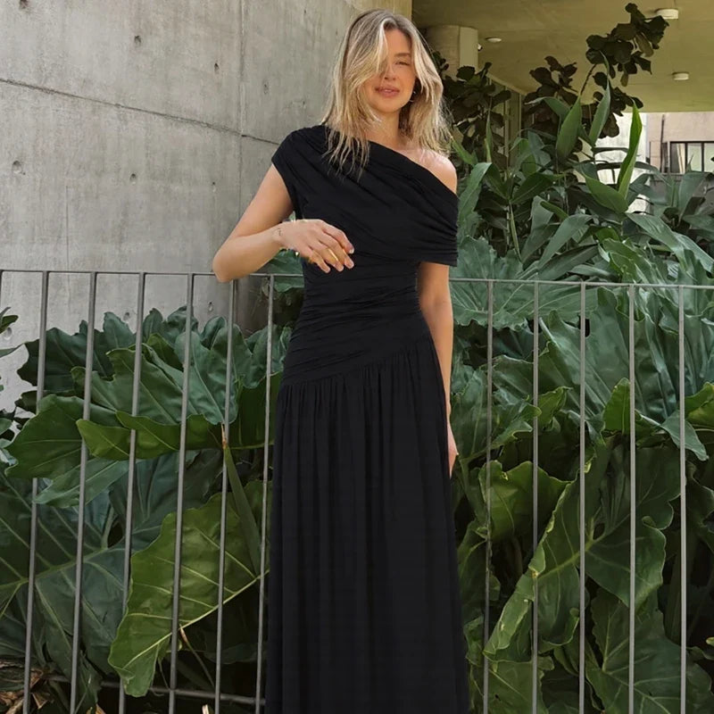 One Shoulder Ruched Sleeveless Solid Pleated Sexy Irregular Y2K Maxi Dress Summer Elegant Party Women Clothes Vacation