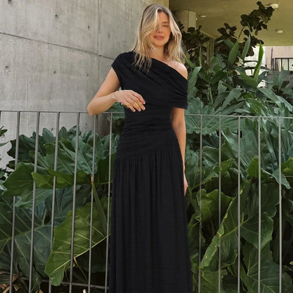 One Shoulder Ruched Sleeveless Solid Pleated Sexy Irregular Y2K Maxi Dress Summer Elegant Party Women Clothes Vacation