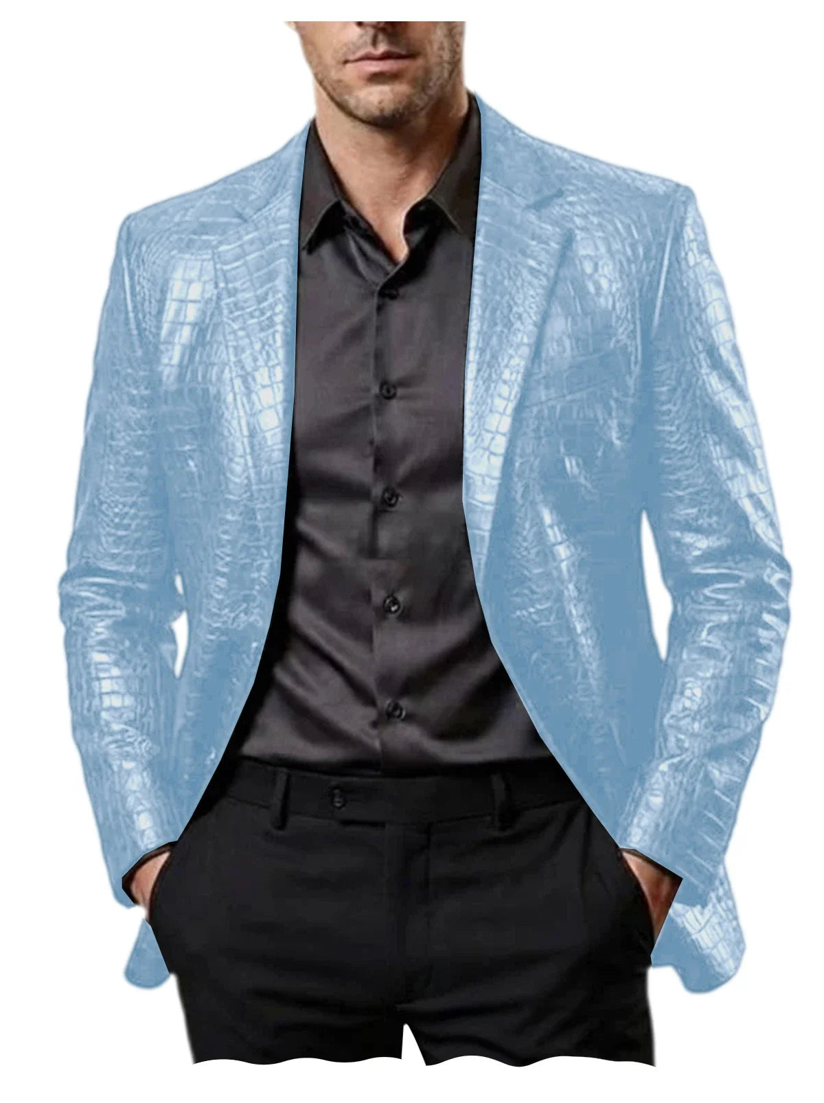 Men Crocodile Texture Leather Blazer Notched Lapel Slim Fit Single Breasted Suit Jacket Nightclub Party Business Outer Coat