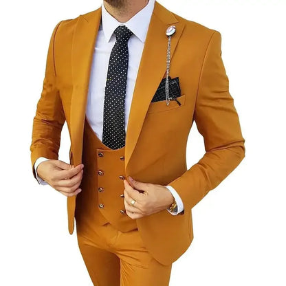 Men Suits 3 Pieces Orange Solid Single One Button Business Slim Fitting Suitable for Wedding Banquet Set Jacket Vest Pants