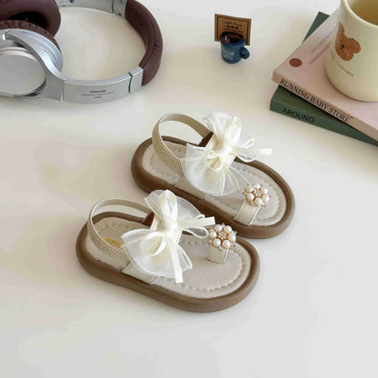 Brand Designer Ribbons Sandals for Girls Beaded Flip Flop Evening Party Dress Shoes Tulle Bow-tie Child Shoes Girl Sandal I06034