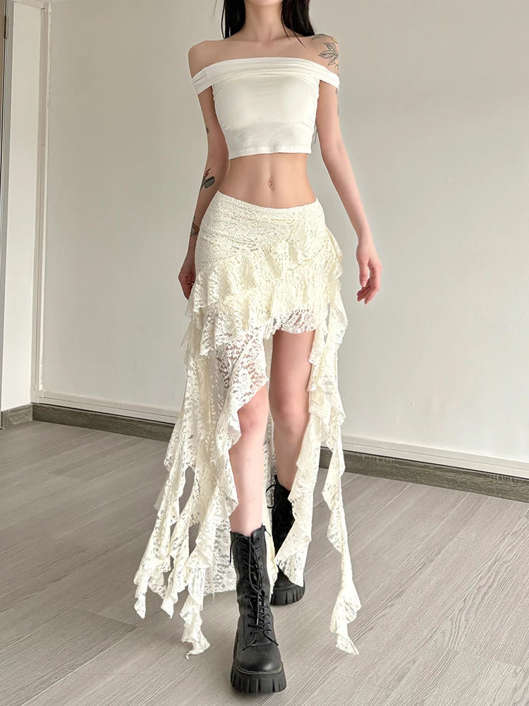 Women Tassel Skirt Irregular Hem Multi Layered Ruffles Lace Patchwork Sweet Summer Daily Wear Skinny Versatile Purple Skirt