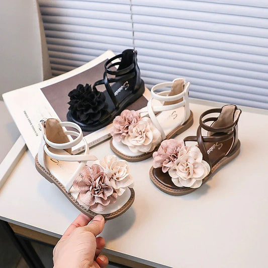2025 Girls Sandals Summer New Flower Pearls Little Girl Princess Shoes Soft Bottom Non-slip Girl Kids Roman Sandals Shoes I03191