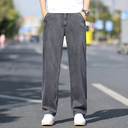 Loose Wide-leg Men's Thin Jeans Lyocell Soft Drape Fabric Comfort Trousers Spring Summer Fashion Brand Washing Denim Pants