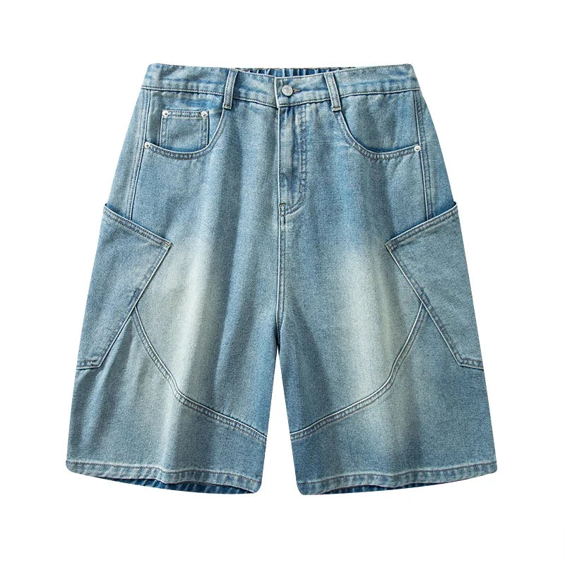 Summer New Baggy Denim Shorts Fashion Casual Straight Harajuku Jeans Male Vintage Wash Drawstring Short Pants Streetwear