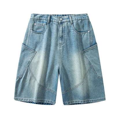 Summer New Baggy Denim Shorts Fashion Casual Straight Harajuku Jeans Male Vintage Wash Drawstring Short Pants Streetwear