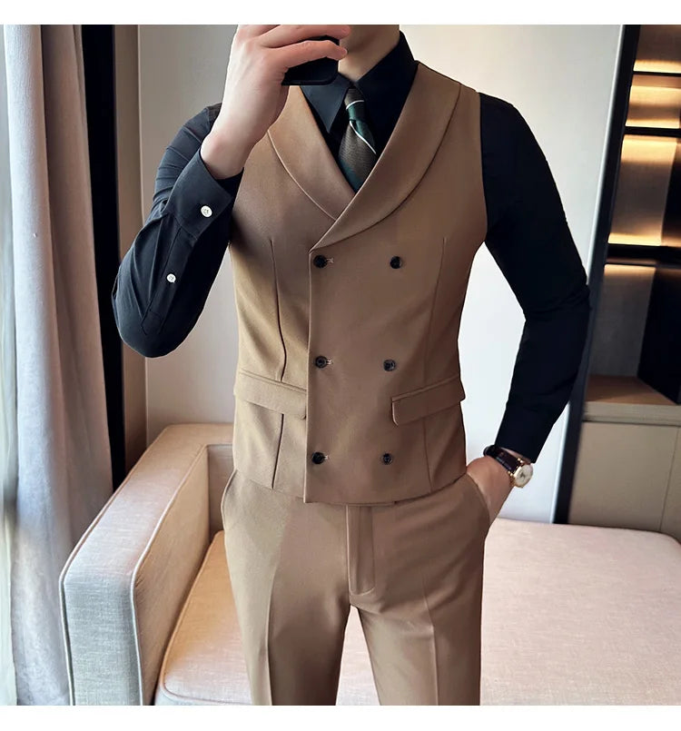 ( Vest + Pants) Men's Double-breasted Suit Vest 2 Pieces Set High Quality Business Casual Fashion Groom Wedding Dress Vest Sets