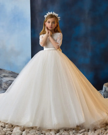 Ivory Flower Girl Dresses For Wedding Beaded Bow Customized Long Sleeve Baby First Communion Dresses