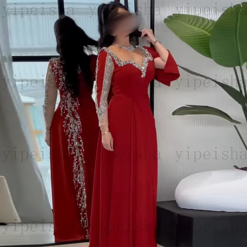 customized exquisite Sweetheart Evening Dresses Full Sleeve rhinestone Beading Sequined Prom Gown A-Line Long Party Dress
