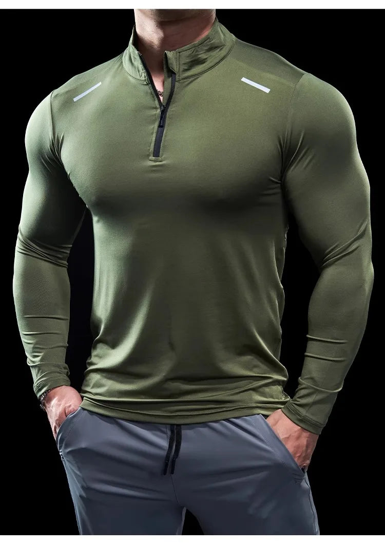 Men Stand Collar Zipper T-shirt Gym Running Training Fitness Bodybuilding Sport Top Quality Elastic Long Sleeve Tight Tops Tees