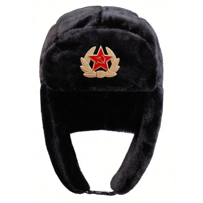 Unisex Five-pointed Star Label Lei Feng Hat Winter Earflap Hat Keep Warm Ski Hat Bomber Hat for Outdoor Riding Snow Activities