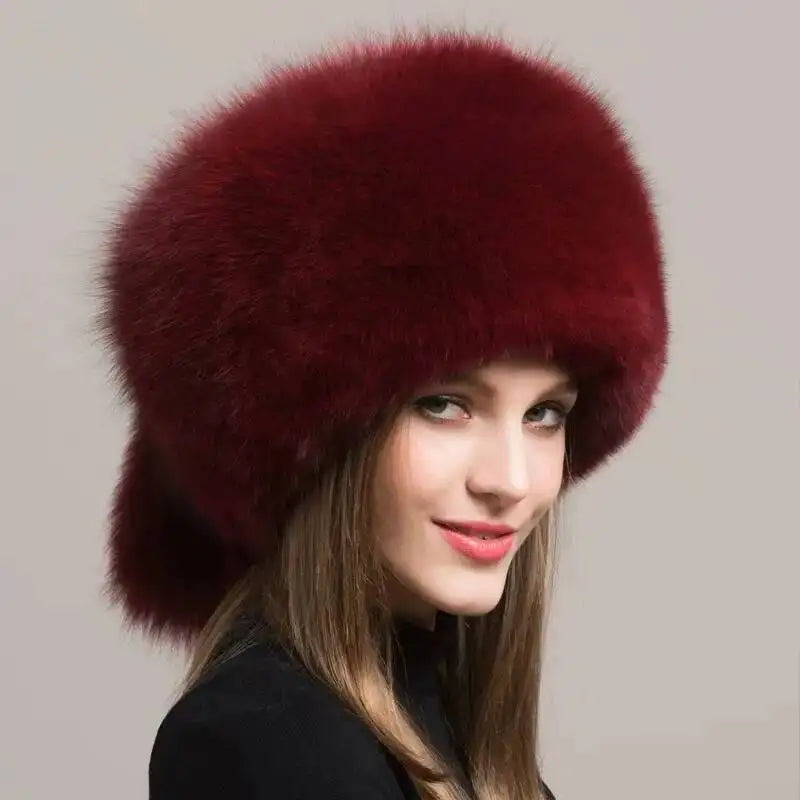 Real Fox Fur Hat For Women Winter Ear Protection Genuine Fur Hat Russian Natural Fur Bomber Hat Outdoor Thicken Warm Fur Caps