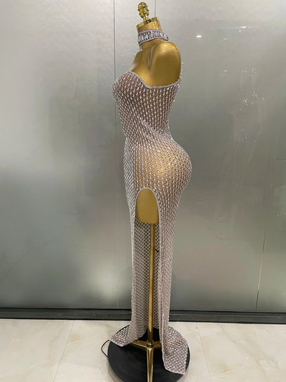 2025 Luxurious Full Rhinestones Mesh Transparent Long Dress Women Birthday Celebrate Evening Prom Dress Party Club Stage Costume