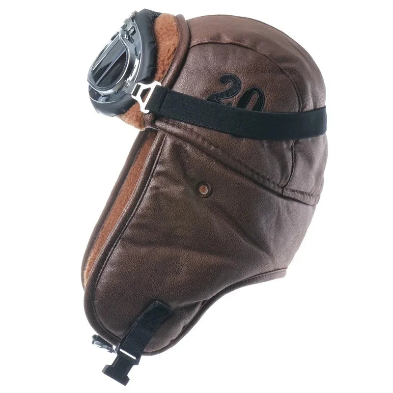 Men Winter Bomber Hat With Goggles Outdoor Motorcycle Windproof Warm Faux Fur Pilot Earflap Hat Leather Thermal Ushanka