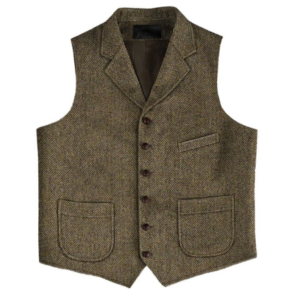 Men Vest Brown Herringbone Single Button With Lapel And Pocket Waistcoat For Wedding Business Work Daily Casual Men Suit Vest