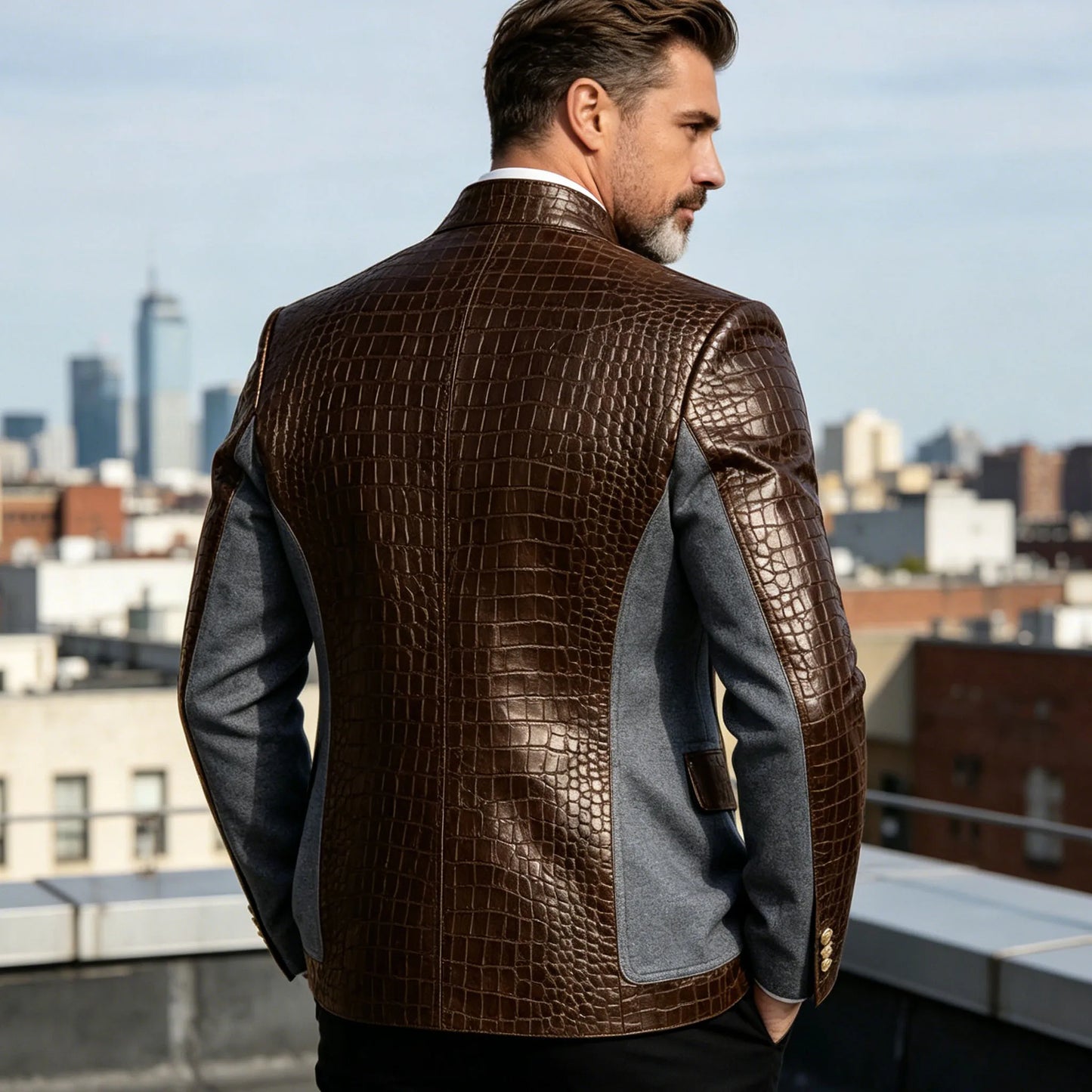 Men's Crocodile Embossed Leather Brown Jacket Patchwork Denim Stand Collar Slim Fit Luxury PU Blazer For Business Casual Party