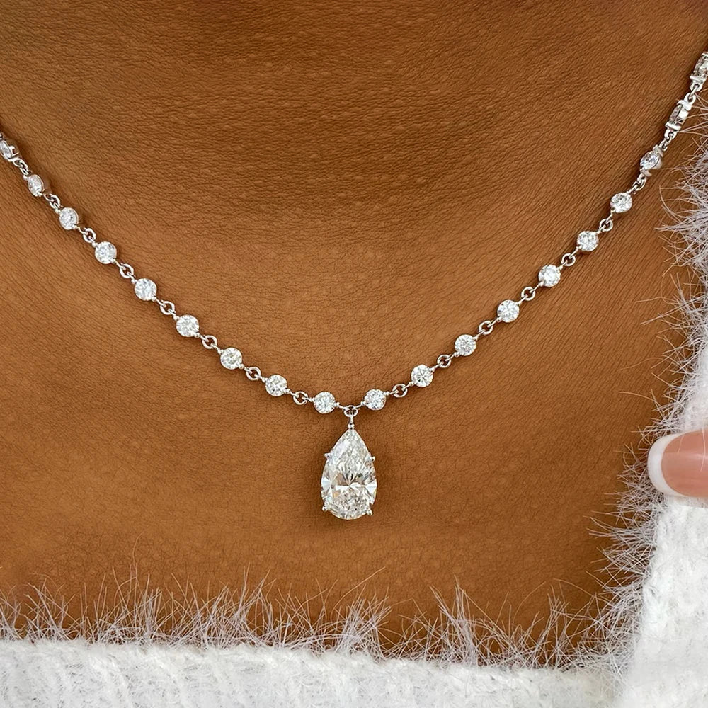 3MM Round Bubble Waterdrop Moissanite Diamond Tennis Neclace with 3ct Waterdrop Pendant NeckChain for Women 925 Silver Jewelry