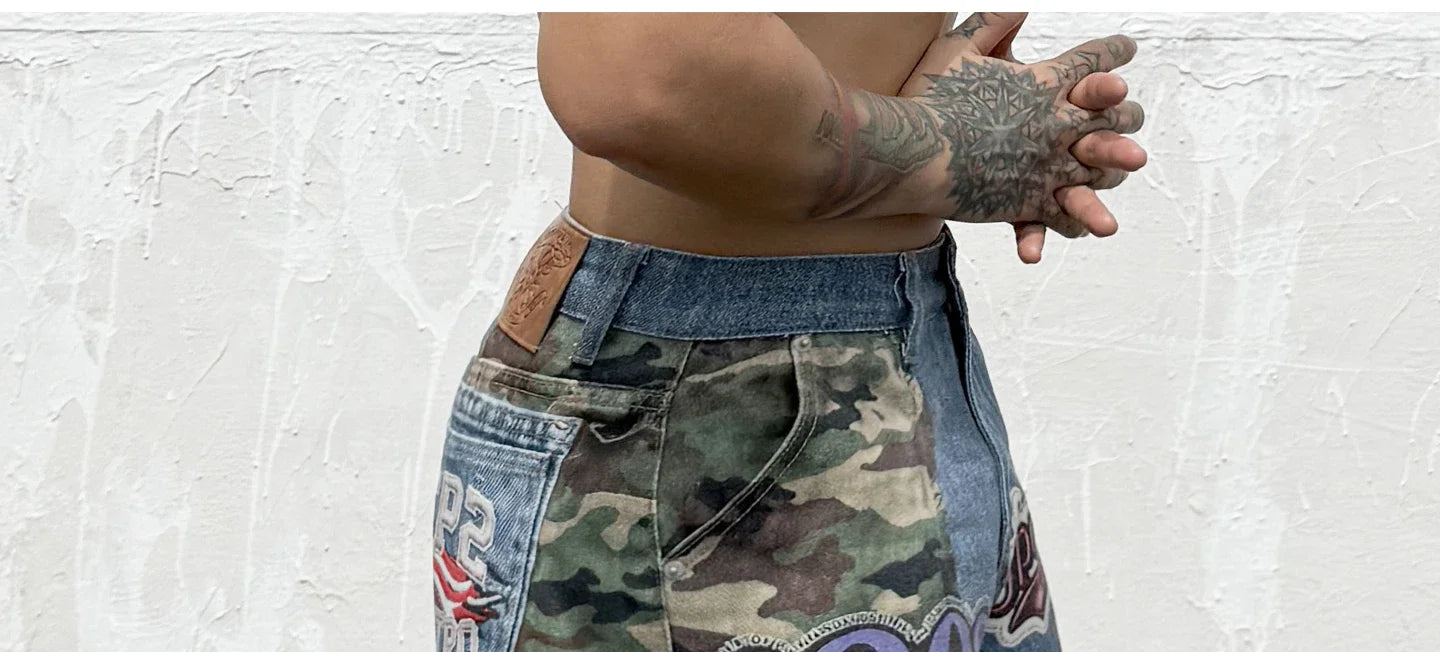 Hip Hop Camouflage Letter Embroidery Loose Fit Five Pocket Mens Streetwear Short Pants Cotton Denim Patchwork Women Shorts