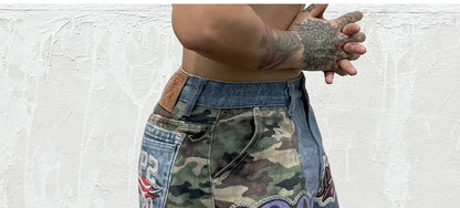 Hip Hop Camouflage Letter Embroidery Loose Fit Five Pocket Mens Streetwear Short Pants Cotton Denim Patchwork Women Shorts