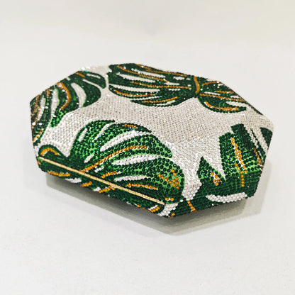 Green Leaf Diamond Evening Bag Gold Crystal Wedding Prom Clutches Formal Lady Rhinetone Chain Shoulder Handbags Party Purse