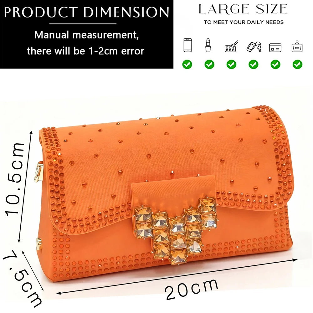 Stylish Orange Rhinestone High Heel Shoes & Matching Handbag - Elegant Pointed-Toe Footwear for Women, Ideal for Parties