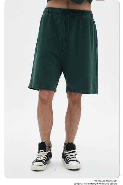 Fashion Summer Men 420gsm Washed Cotton Shorts Retro Unisex High Street Terry Knee Length Short Pants Streetwears HY0845