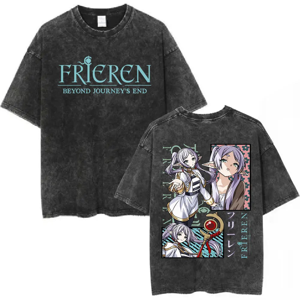 Anime Frieren: Beyond Journey's End Graphic Washed Vintage T-shirt Men's Women Fashion Short Sleeve Cotton Casual Loose T Shirts