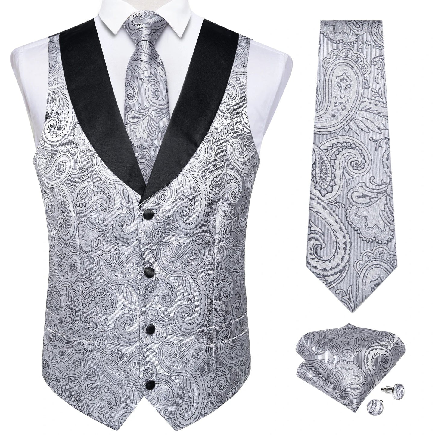 Men's Paisley  Suit Vest with Macthing Golden Paisley Neck Tie Handkerchief Cufflinks Wedding Prom Tuxedo Waistcoat