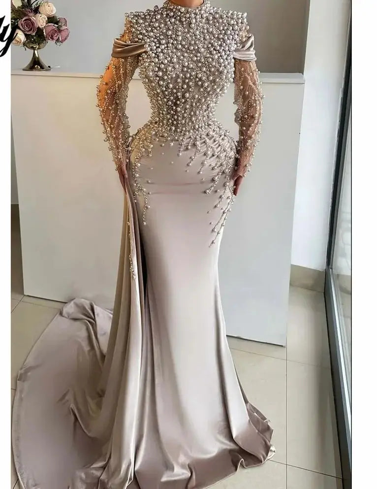 Aenyrst Light Beige Satin فساتين السهرة High - Neckline Party Dresses Pearl - Embellished and Mesh - Sleeve Mermaid