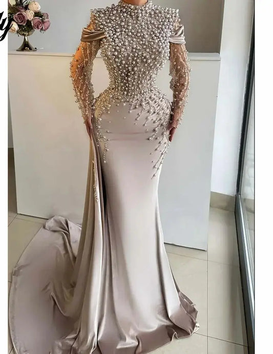 Aenyrst Light Beige Satin فساتين السهرة High - Neckline Party Dresses Pearl - Embellished and Mesh - Sleeve Mermaid