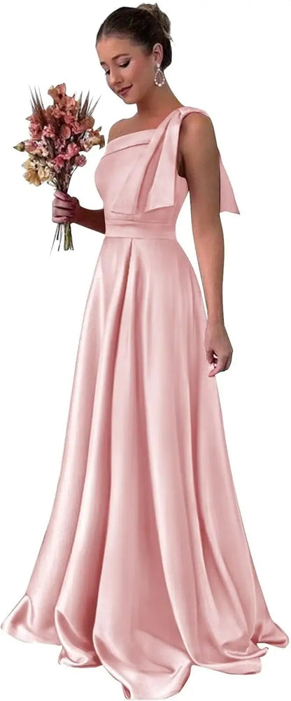 One Shoulder Large Bow Bridesmaid Dress with Pleated Satin and Pockets Simple ,Stylish Ball Dressadies' Guest One Shoulder Dress