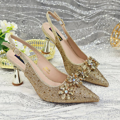 Olive-Green Pointed-Toe Women's High Heels Shoes and Bags for Party Rhinestone Evening Elegant Luxury Handbag