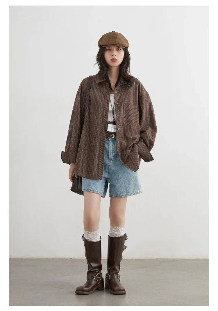 Women Shirt Loose Casual Single-breasted New Retro Contrast Plaid Embroidered Blouses Female Top Autumn Winter 2026