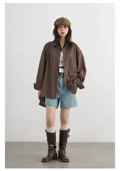 Women Shirt Loose Casual Single-breasted New Retro Contrast Plaid Embroidered Blouses Female Top Autumn Winter 2026